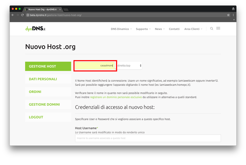 Come si crea un host .org? - dynDNS.it - DNS dinamico gratuito - Nuovo Host .org