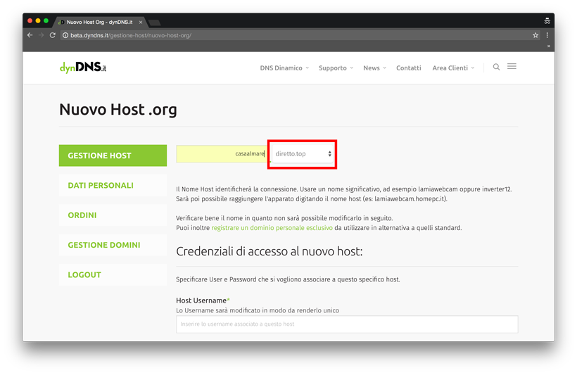 Come si crea un host .org? - dynDNS.it - DNS dinamico gratuito - Nuovo Host .org