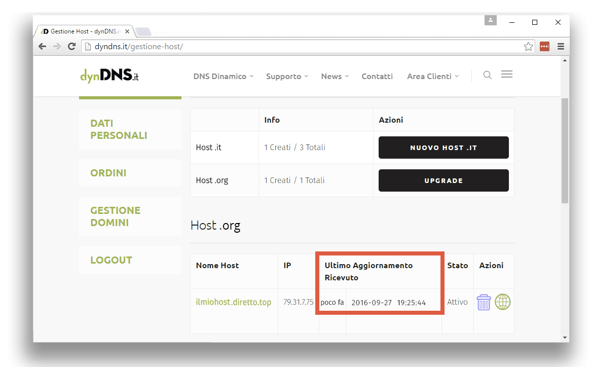 Verifica corretta configurazione - Configurazione dynDNS.it con host .org - dynDNS.it - DNS dinamico gratuito